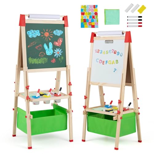 BABY JOY Kids Art Easel, Adjustable Height Double Sided Easel w/Chalkboard & Whiteboard, Replaceable Paper Roll, Letters, Standing Wooden Easel w/Built-in Tray for Toddlers, Green