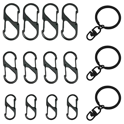 12 Pieces S Shape Black Carabiner, Double Snap Hook Metal Buckle, 50mm/40mm/32mm 8-Shaped Carabiner,Zinc Alloy Keychain, 3 Pieces Black Keyring Rings for Camping, Hiking, Travel, Fishing Cover