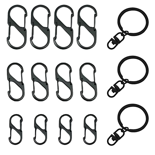 12 Piezas de Hebillas de montañismo Negras en Forma de S, Hebillas de Metal con Gancho de Resorte Doble, Hebillas de montañismo en Forma de 8 de 50 mm / 40 mm / 32 mm, 3 llaveros Negros Cover