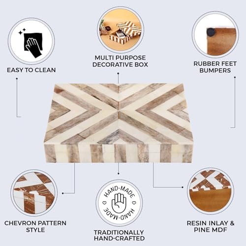 Image of HANDICRAFTS HOME Chevron Pattern Brown White Jewelry Organizer and Storage Box for Women Girls Gift Wrap Boxes 8x5x1.5
