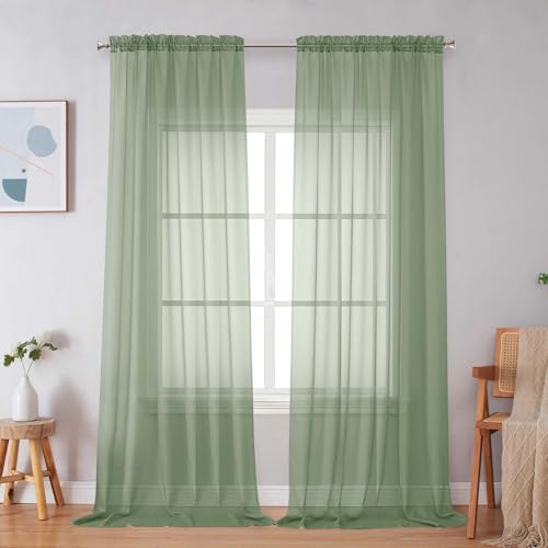 Image of Simplebrand Sage Green Sheer Curtains 96 Inches Long, Light Filtering Rod Pocket Solid Color Window Sheer Curtain Panels, Elegant Curtains & Drapes for Living Room, Bedroom 2 Panels, 59 inch W x 96 inch L