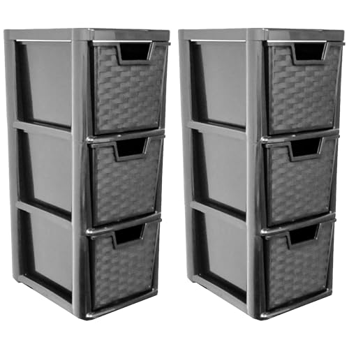 ALEEZ - Pack of 2 Rattan Drawer Storage - Home Office Table Top Organizer - 3 Drawer Black - 3 Tier Storage - 47cm x 25cm x 19cm