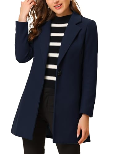 Allegra K Abrigo largo de invierno para mujer, solapa con muescas, un botón, longitud media, Azul profundo, S