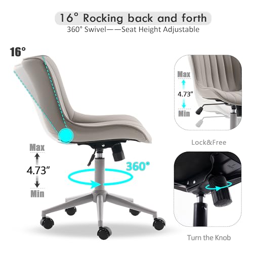 Image of YOUNIKE Office Desk Chair with Wheels Armless Vanity Chair Ergonomic Grey | Faux Leather Upholstered with Rocking Back, Swivel Height Adjustable, Modern Small Cute Task Chair For Sewing Drafting