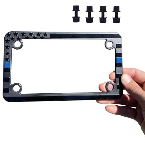 TACTILIAN First Responder Motorcycle License Plate Frame - Subdued 3D Embossed USA Flag in Gloss on Matte Black Finish for Bike, Scooty, Harley, Off-Road (Thin Blue Line)