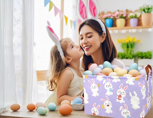 Image of Rectangle Empty Easter Baskets Boy Large Toy Storage Bin Girls collapsible Hamper Waterproof Canvas Box Kid Gifts Spring Decor( Laugh Rabbit Egg )