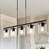 PHOSANT LIGHTING Black Farmhouse Chandelier, 5-Light Island Lights for Kitchen in Metal Finish with Clear Glass Shades, 37" Dining Room Chandelier, Linear Pendant Lighting for Foyer, Bar, Pool Table
