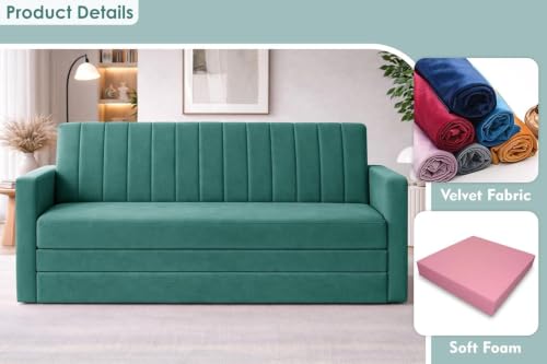 Image of Rosebell Foldable Sofa-Cum-Bed | Three-in-One Convertible Couch with Armrest | Modern Fabric Sofa for Living Room, Bedroom & Office - Green Color