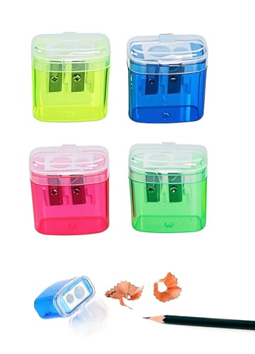 Sacapuntas con recipiente, paquete de 4, sacapuntas con lata, tapa de diseño de doble orificio para niños, sacapuntas de mano, tajador, sharpener, sharpener para escuela, oficina