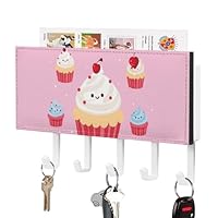 LYHVSFJW Leather Wall Key Holder with Small Storage Box - Cute Cupcake Decorative Key Hanger Organizer, 5 Large Hooks for Keys, Mail, Bags, Coats, Umbrella - Includes Mounting Hardware (7.1\u201Dx4.1\u201D)