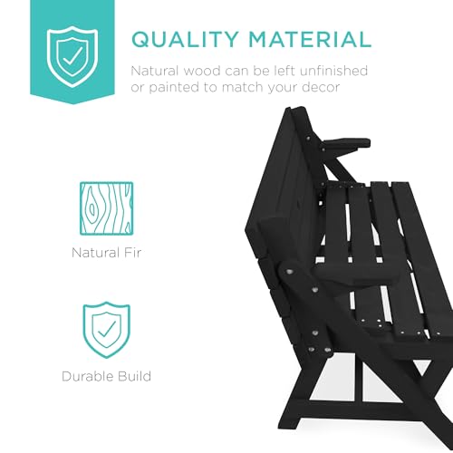 Image of Best Choice Products 2-in-1 Transforming Interchangeable Outdoor Wooden Picnic Table Garden Bench for Backyard, Porch, Patio, Deck w /Umbrella Hole - Black