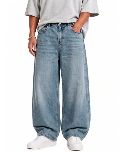 Image of Husmeu Men's Hip Pop Baggy Jeans Wide Leg Y2K Streetwear Denim Pants BLU L