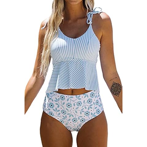 Beachsissi Women High Waisted Swimsuits Tie Shoulder Two Piece Bikini Stripe Print Ruffle Cute Tankini Sets, Blue, L Cover