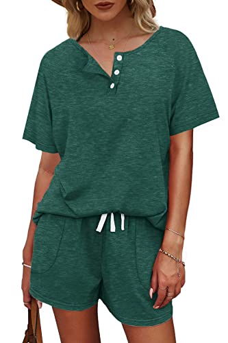 Image of WIHOLL Two Piece Outfits for Women Lounge Sets Button Down Top and Shorts Set Sweatsuits with Pockets
