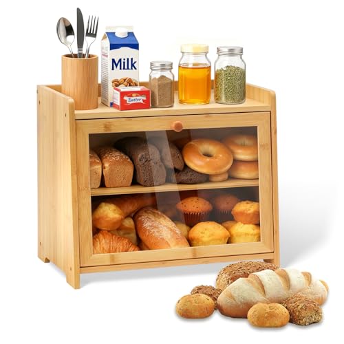 MAIJIAJU Panera de bambú de 2 niveles, con ventana de cristal templado transparente y capa extraíble, caja de pan grande, caja de almacenamiento para conservar el pan y la cocina para una frescura