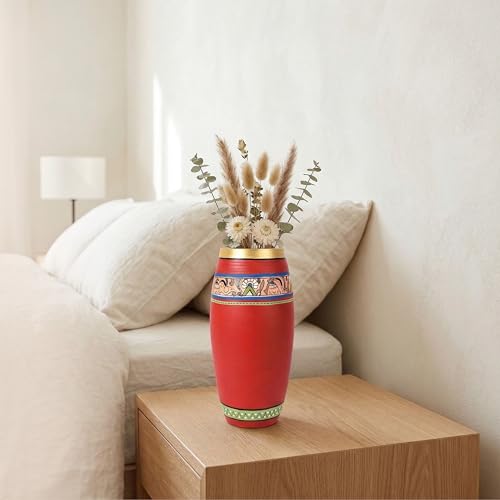 Image of Aakriti Art Creations Handcrafted Red Madhubani Terracotta Vase (9x4 HxD) | Traditional Hand-Painted Flower Vase | Matte Finish Decorative Vase for Living Room Decor, Shelf Decor & Gifting