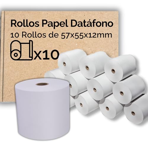 Pack de 10 Rollos de Papel Térmico 57x55x12mm   Papel para Tickets de Datáfonos, Cajas Registradoras y TPV   Sin BPA, Calidad y Durabilidad