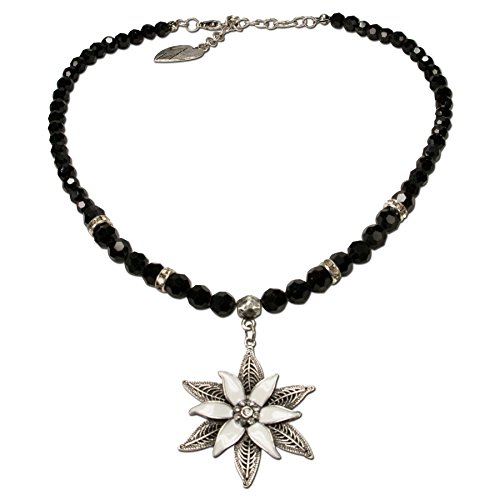 Alpenflüstern Perlen-Trachtenkette Glamour-Edelweiß - Damen-Trachtenschmuck Dirndlkette schwarz DHK144