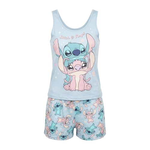 Disney Stitch & Angel Damen Schlafanzug 2-teiliger Pyjama mit Top und Shorts 100% Baumwolle sommerlicher Shorty in Hellblau Größen S-XL Farbe: Lila Bekleidungsgröße: L