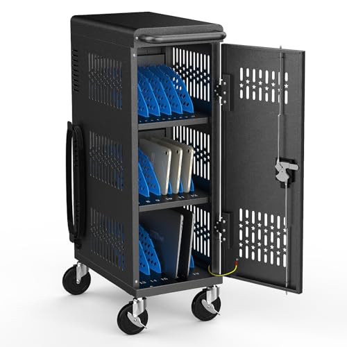 Image of Fully Assembled 18 Bay Laptop Charging Cart on Wheels, Heavy Duty Laptop Storage Cart for iPad Chromebook Tablet Up to 14-inch Screen with Key Lock, Charger & Cable Organization, Black