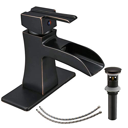 BATHLAVISH Oil Rubbed Bronze Bathroom Faucet Waterfall Spout Single Hole with Pop Up Drain Sink Vanity Faucets Single Handle Mixer Tap with Overflow Supply Line Lead-Free