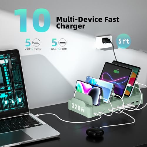 Image of Charging Station for Multiple Devices, Zobirez 10-Port USB C Fast Charger Stations for MacBook, iPhone, Android Cell Phone, iPad, Tablet, Family Multi-Device Organizer Charging Dock, Green