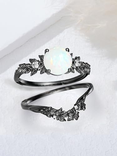 Opal/Blue Sandstone/Rutilated Quartz/Moss Agate Wedding Ring Set S925 Sterling Silver Unique Black Engagement Ring Set for Women Wife4