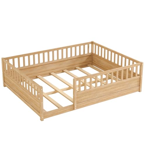 Image of Bellemave Queen Size Kids Montessori Floor Bed,Solid Wood Floor Bed Frame with High Fence and Door for Kids,Girls,Boys,Natural