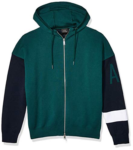A|X Armani Exchange Men's Colorblocked Zip Up Hoodie with Arm Stripe and AX Logo, Jungle Bug/Navy/White, M