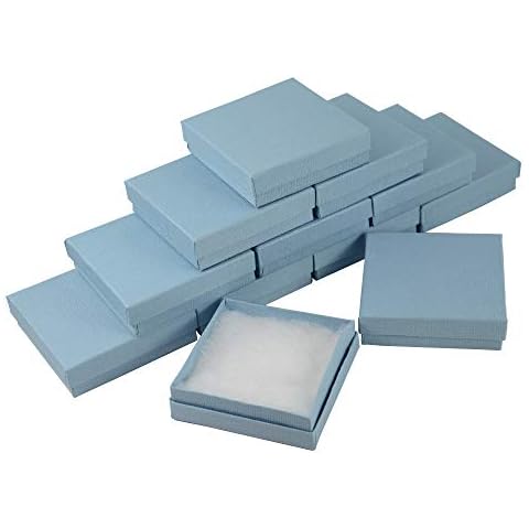 boxdisplays Blue Linen Cardboard Boxes Square Jewellery Gift Box with Lids for Pendant Drop Earrings Rings Brooch Necklace Display, 90x90x26mm (24) Cover