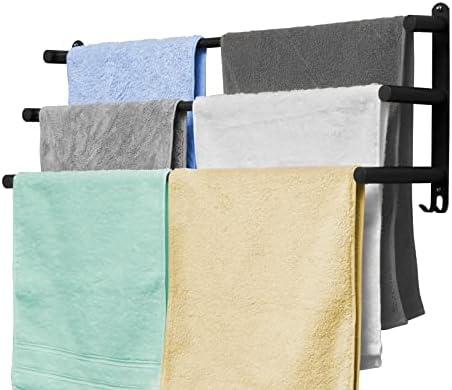 BIGLUFU Towel Rail Wall Mounted, 3-Tier Towel Holder with Hooks, Bath Self Adhesive Towel Rack Stainless Steel Towel Shelf Bar for Bathroom Kitchen, Adjustable 43-78cm (Black)
