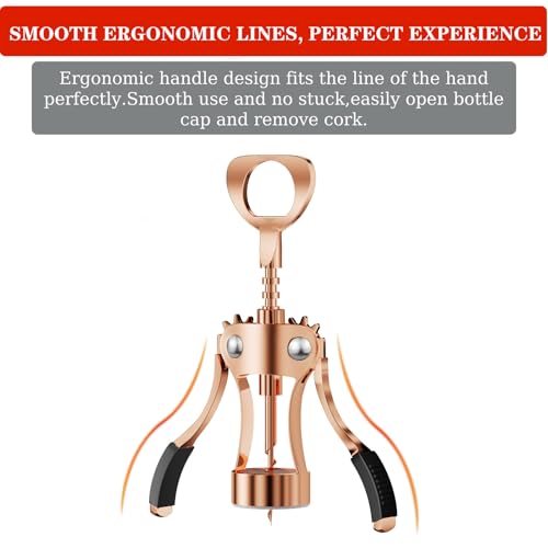 Image of KORCCI Wine Opener, Heavy-Duty Zinc Alloy Wing Corkscrew, Premium Beer Bottle Opener, Multifunctional Wine Accessories with Ergonomic Handle and Sharp Screw, for Kitchen, Bar, Restaurant (Rose Gold)
