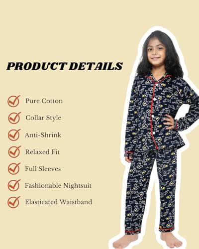 Image of Girls Premium Cotton Full Sleeves Printed Nightsuit Set | Collar Style Night Dress for Girls | Soft & Breathable Pajama Set | Trendy Kids Sleepwear & Nightwear