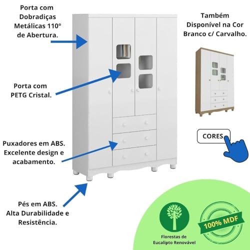Quarto de Bebê Completo Berço Americano Ben 3 Em 1 Guarda Roupa 4 Portas 3 Gavetas e Cômoda Uli 4 Ga
