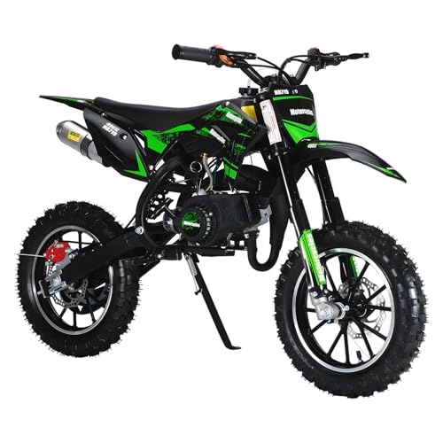 50cc Kids Dirt Bike, Gas Powered Motorcycle Mini Dirt Bike with Off-Rode Tire, Front Rear Disc Brakes, Shock Absorption Pocket Motorbike Off Road Motorcycle Up to 25 Mph Boys and Girls Gifts Green
