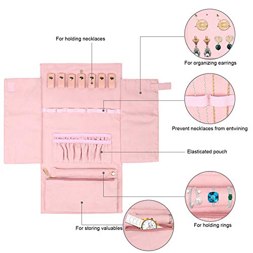 UNUBER Organizador de joyas de viaje rollo, bolsas de almacenamiento de joyería caja caja para múltiples collares, pendientes, anillos, pulsera, portátil y práctico, piel flexible y ante (rosa)