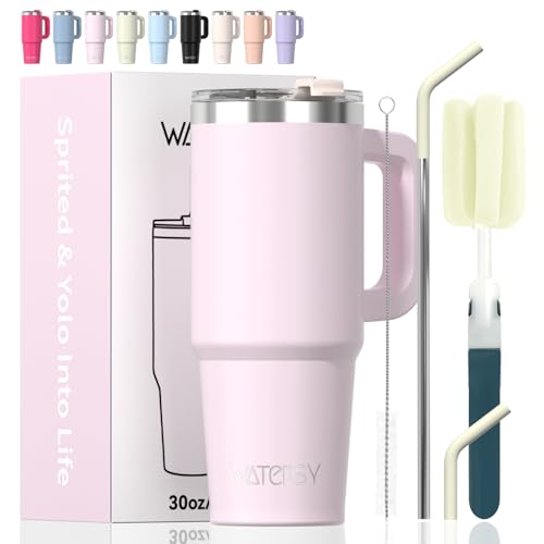 Image of 30 oz Tumbler with Handle,Tumbler with Lid and Straw,Double Wall Insulated Cup Stainless Steel Travel Mug(Cold for 34 Hours),Water Bottle for Iced Tea,Coffee,Cold Beverages(Rose Quartz)