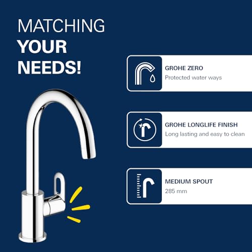 Image of Grohe Bauloop Single-Lever Sink Tap | Deck Mounted Kitchen Sink Tap | Cold-Only Single Lever Faucet with Swivel Tubular Spout | Chrome Finish | 10 Year Warranty | 31222000