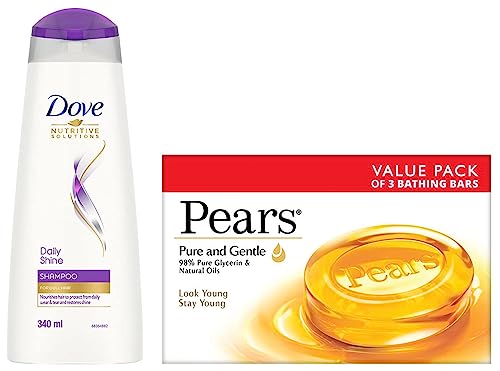 Image of Pears Pure And Gentle Soap Bar, 125g (Pack Of 3) & Dove Daily Shine Shampoo, 340ml