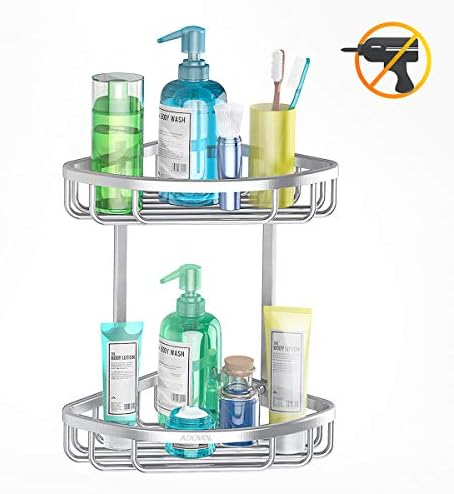 ADOVEL Bathroom Shelf, AdhesiveCorner Shower Caddy, Aluminum Rustproof, No Drilling - 2 Tiers