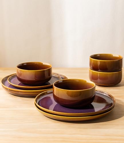 Image of TheTerra Ceramic Dinnerware Sets for 8, 24 Pieces Handmade Reactive Glaze Plates and Bowls Set, Scratch Resistant Dish Set, Oven & Microwave & Dishwasher Safe, Amber Amethyst