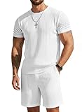 UOUA Mens Shorts Set Crewneck Short Sleeve T-Shirt & Shorts Twisted Texture 2 Piece Summer Outfits Casual Matching Sets White M