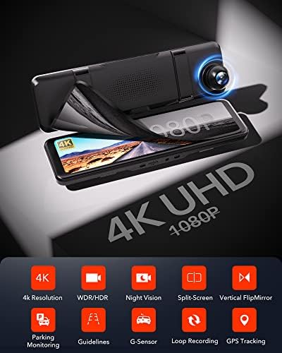 REDTIGER Mirror Dash Cam Rear View Camera 11''Full UHD 4K Front and 1080P Rear Backup Dual Cameras for Cars,GPS,Night Vision,Smart Reverse Parking Assistance,Touchscreen,Free 32GB Card