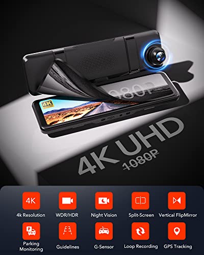 Redtiger Rear View Mirror Camera 11'' Uhd 4K Front And 1080P Rear View Mirror Dual Cameras For Cars,Gps,Parking Monitor,Night Vision,Smart Reverse Parking Assistance,Touchscreen,Free 32 Gb Card #TOP1