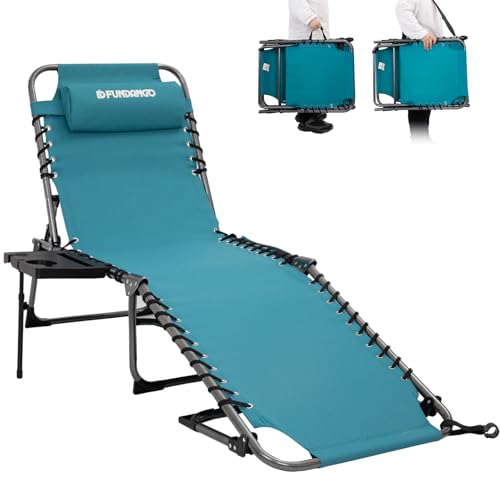 FUNDANGO Sonnenliege Klappbar 5-Verstellbarer Rückenlehne mit Seitentisch Kissen Ergonomisch Liegestuhl Klappbar Strandliege Gartenliege Campingliege für Strand Garten Terrasse Pool Camping Indoor