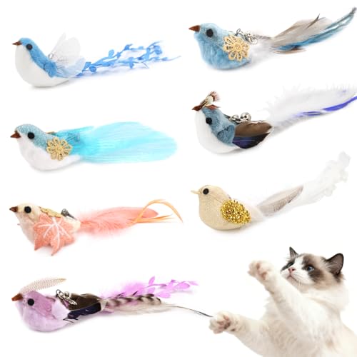 SONGWAY Cat Feather Bird Toys - 7 Pieces Plush Bird Cat Toys with Natural Feather Tails, Cat Wand Attachments, Interactive Cat Toy Refills for Indoor Cats Kittens