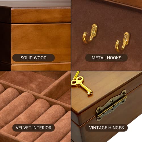 Eurielk Wooden Jewelry Box With Lock & Key For Women, Medium Size Real Natural Wood Lockable Antique Girls Organizer Boxes With Large Storage, Big Ring Compartments, & Built In Necklace Hooks, Brown #TOP6
