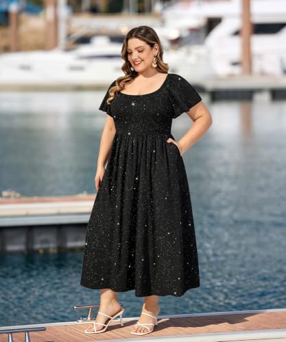 Image of RITERA Plus Size Dresses for Curvy Women Square Neck Short Sleeve Summer Floral Smocked Maxi Dress with Pocket XL-5XL