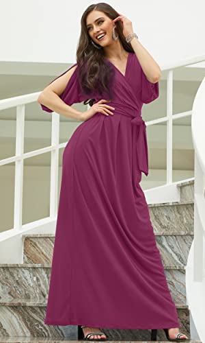 KOH KOH Womens Long Formal Short Sleeve Cocktail Flowy V-Neck Casual Bridesmaid Wedding Party Guest Evening Cute Maternity Work Gown Gowns Maxi Dress Dresses, Fuchsia Magenta Pink L 12-14