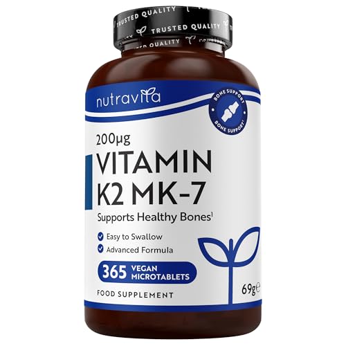 Vitamin K2 MK 7 200mcg - 1 Year Supply - 365 Vegan Micro Tablets (Not Capsules) - Supports Maintenance of Normal Bones - High Strength Menaquinone MK7 - Made in The UK by Nutravita